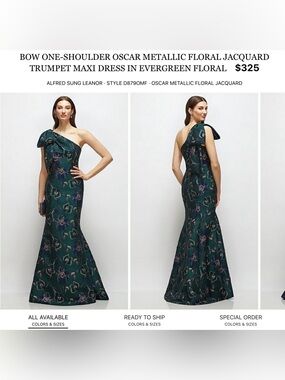 ALFRED SUNG Emerald One-Shoulder Floral Jacquard Trumpet Gown